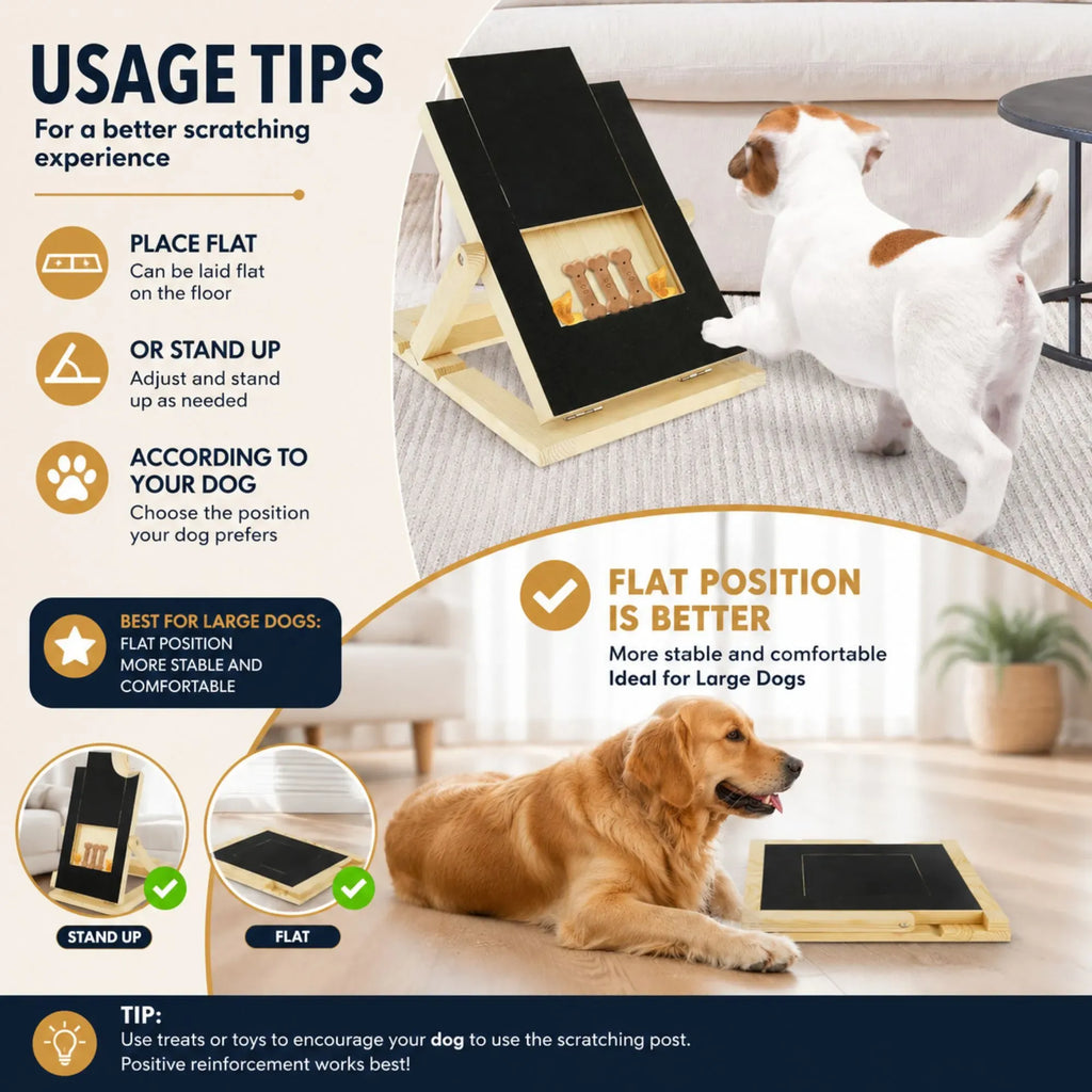 Usage tips infographic for a dog scratching post, showing a dog interacting with the product in a living room setting, alongside text explaining how to place and use the scratching post in flat or stand-up positions.