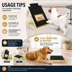 Usage tips infographic for a dog scratching post, showing a dog interacting with the product in a living room setting, alongside text explaining how to place and use the scratching post in flat or stand-up positions.