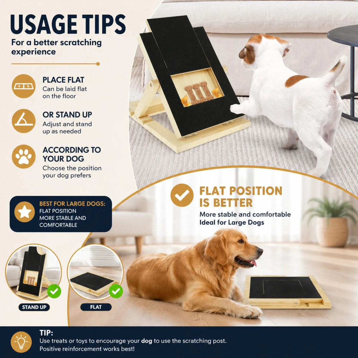 Usage tips infographic for a dog scratching post, showing a dog interacting with the product in a living room setting, alongside text explaining how to place and use the scratching post in flat or stand-up positions.