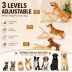 Adjustable wooden dog climbing stairs shown with three different dog breeds at three height levels labeled high 35 cm, middle 31.5 cm, and low 28 cm.