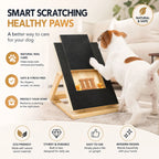 A dog scratching board for pets shown in a home setting with a white and brown dog interacting with it. The board has a black scratching surface and a light natural wood frame.
