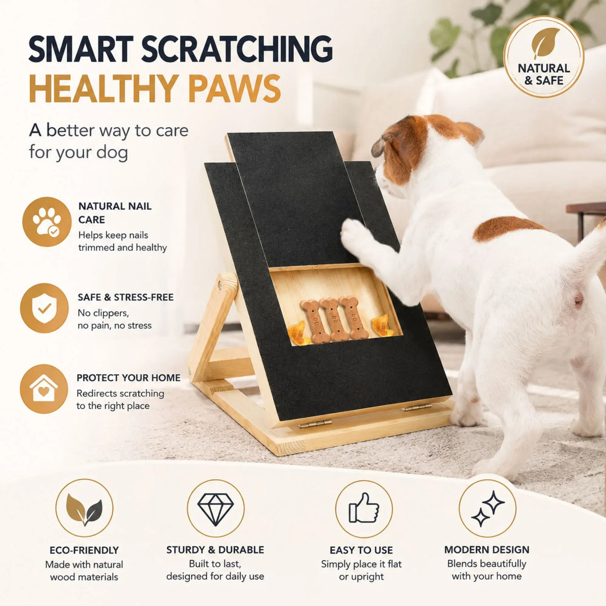 A dog scratching board for pets shown in a home setting with a white and brown dog interacting with it. The board has a black scratching surface and a light natural wood frame.