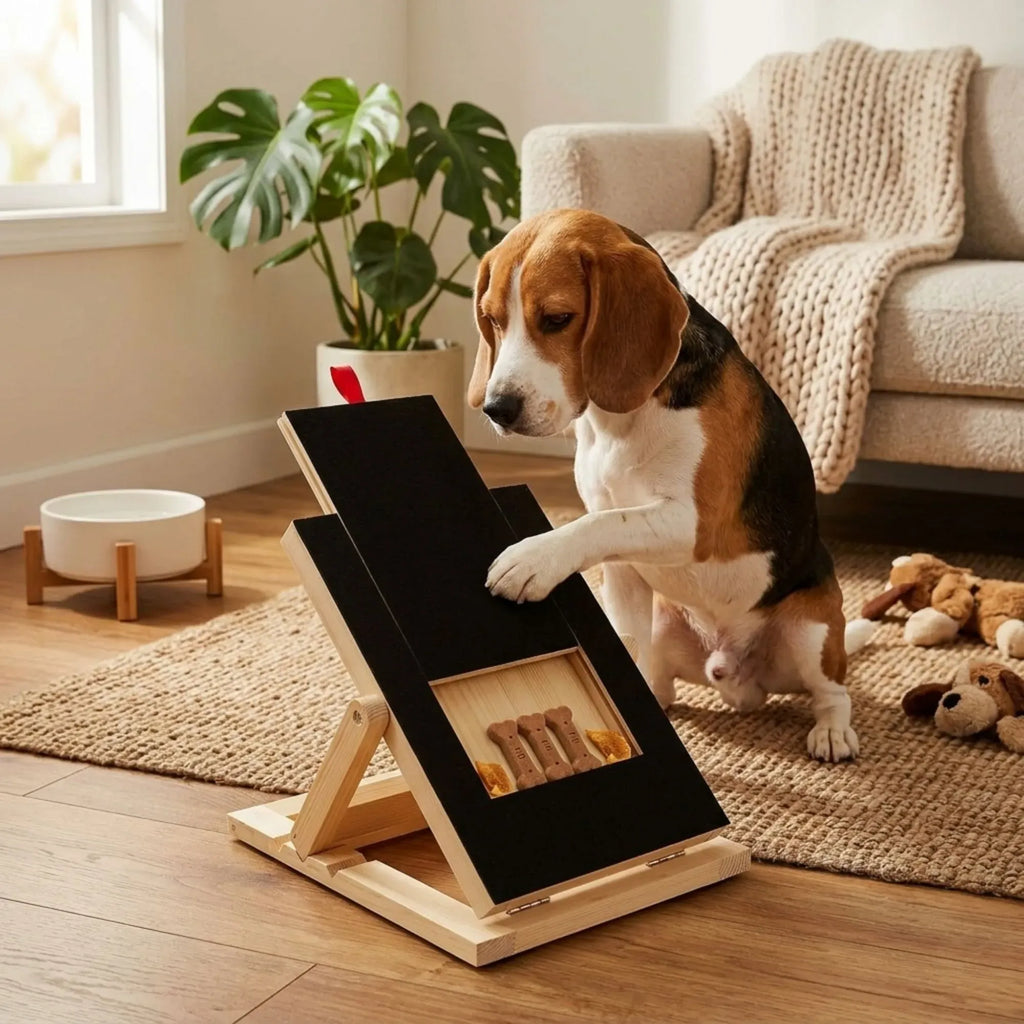 A beagle dog stands on its hind legs with one paw on a black treat-dispensing wooden board, placed on a light wood stand in a cozy living room. The dog bowl, potted plant, sofa with a knit throw, and plush toys are visible in the background