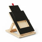 A wooden picture frame stand with a natural light wood base and legs, featuring two angled black panels that form the frame, with a small red hanging loop at the top, shown on a white background.