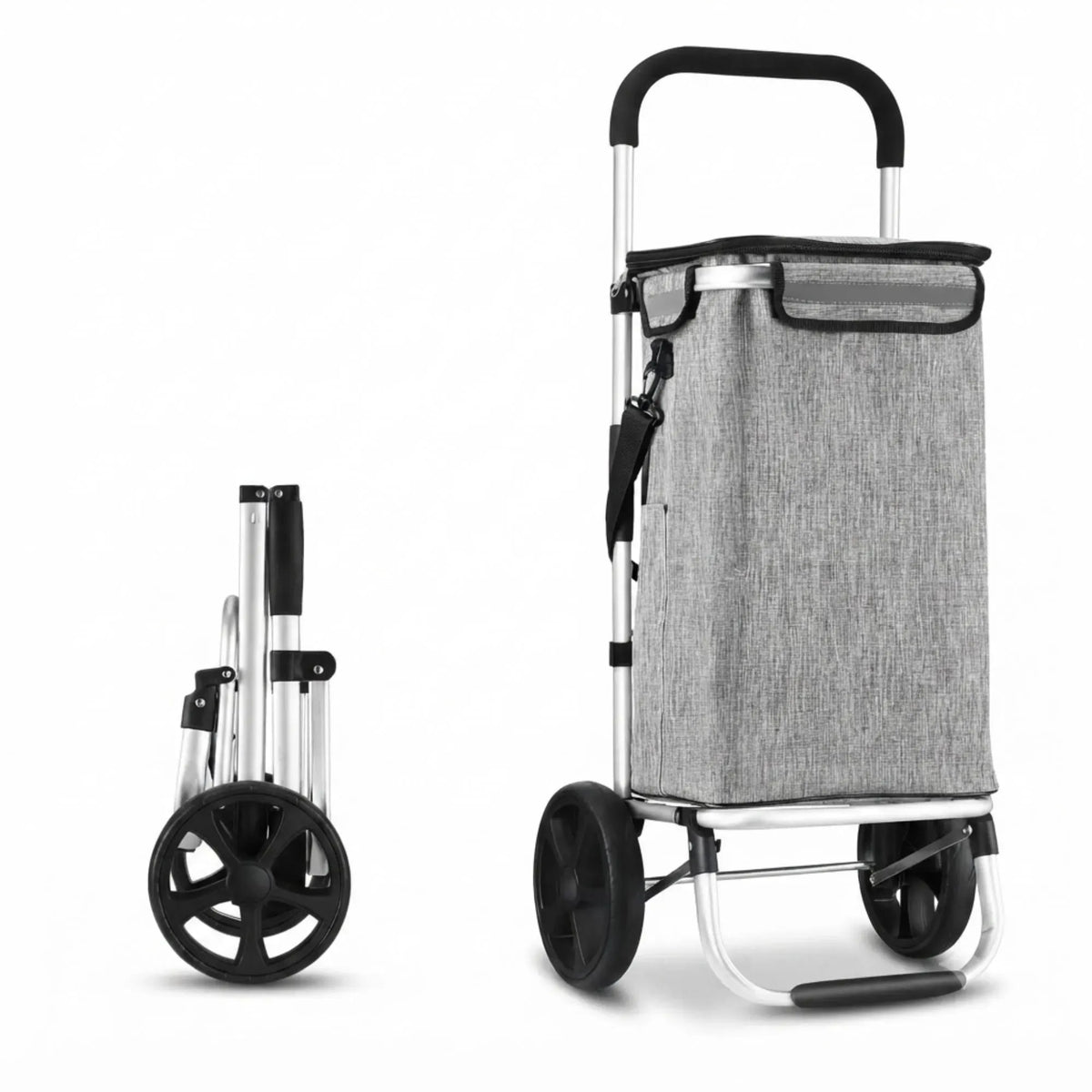 A silver and gray wheeled shopping cart with a black handle and black wheels, shown both folded and unfolded on a clean white background.

Details
