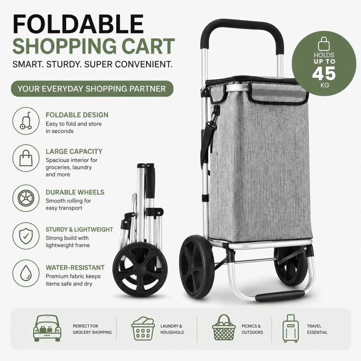 Foldable shopping cart with a gray fabric basket, black wheels, and a silver metal frame, shown on a white background with feature icons and text including 'FOLDABLE SHOPPING CART' and 'Holds up to 45 kg'.