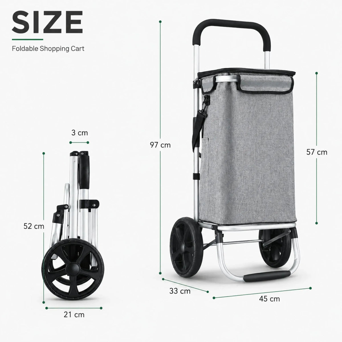 Foldable shopping cart shown on a light gray background with dimension labels and measurements for folded and unfolded states. The cart has a gray fabric basket, black wheels, and a black handle, with text indicating size information.