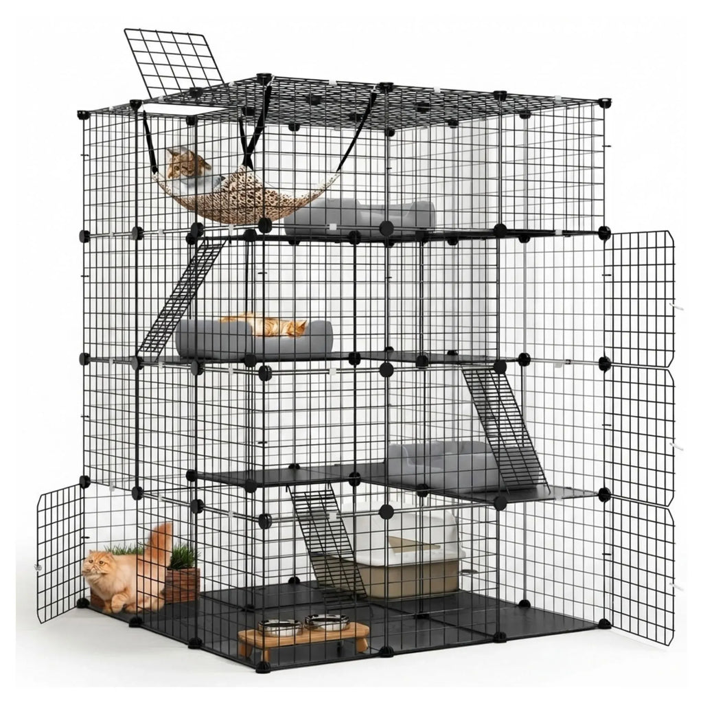 A large black wire multi-level cat playpen and climbing rack with doors, platforms, ramps, a hammock, and accessories, shown on a white studio background with a cat partially visible inside.