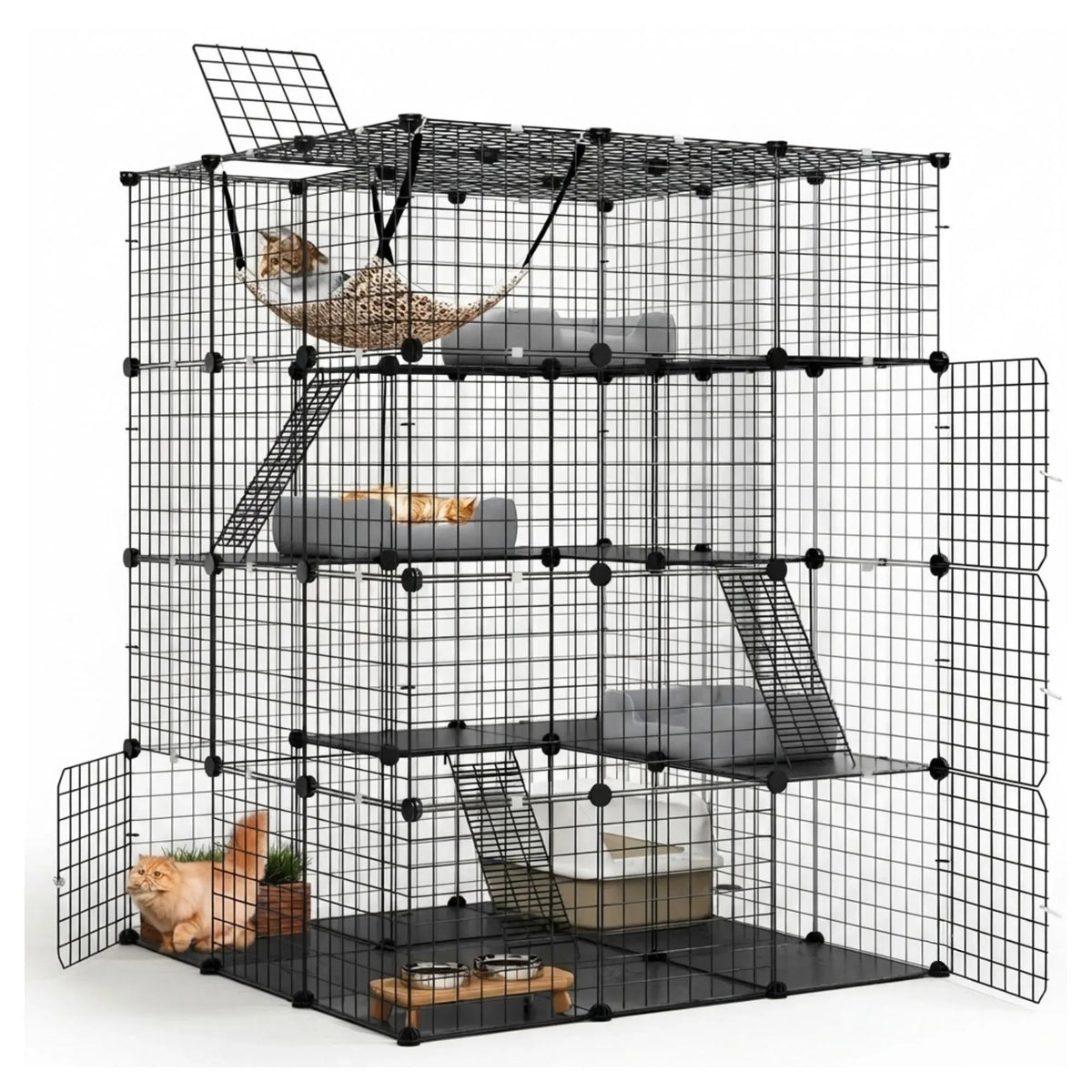 A large black wire multi-level cat playpen and climbing rack with doors, platforms, ramps, a hammock, and accessories, shown on a white studio background with a cat partially visible inside.