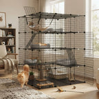A large black metal multi-level cat playpen and climbing tree set in a bright living room, with several cats interacting with it. The playpen includes multiple platforms, a hammock, a cat tree, and a litter box, shown in a real home environment.