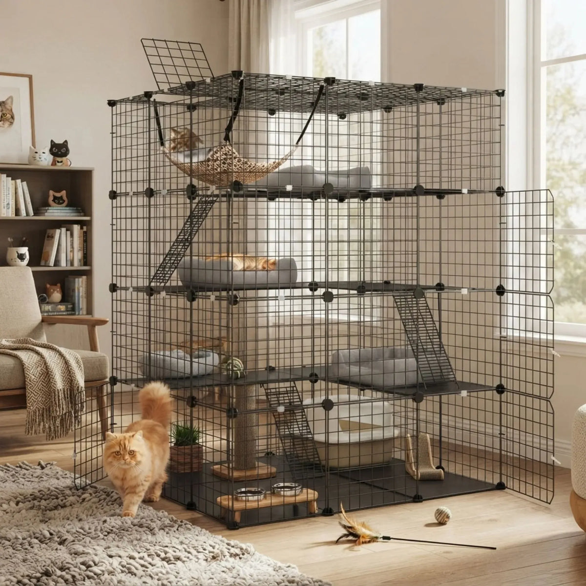 A large black metal multi-level cat playpen and climbing tree set in a bright living room, with several cats interacting with it. The playpen includes multiple platforms, a hammock, a cat tree, and a litter box, shown in a real home environment.