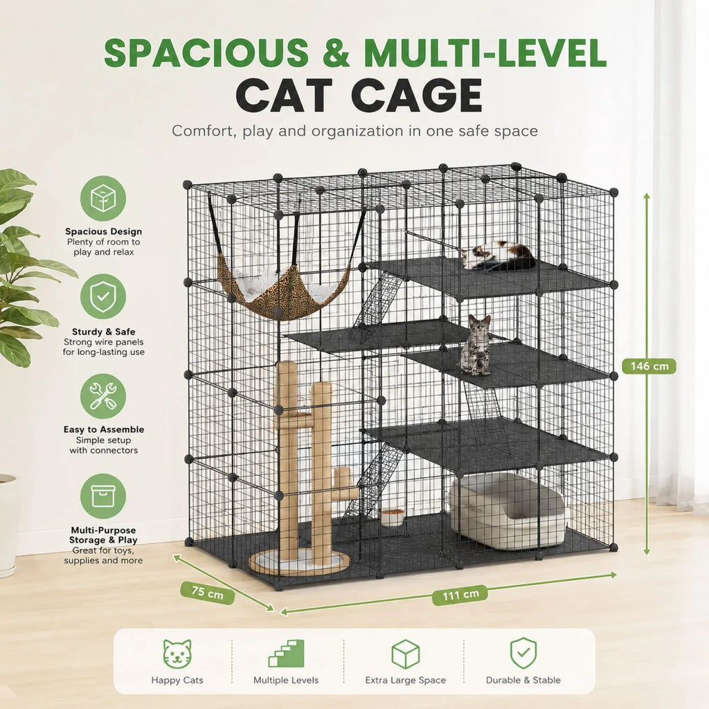 A large multi-level cat cage with black wire mesh panels, multiple platforms, a hanging hammock, a vertical scratching post, and a small cushion, shown in a bright room with measurement callouts and marketing text.