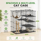 A large multi-level cat cage with black wire mesh panels, multiple platforms, a hanging hammock, a vertical scratching post, and a small cushion, shown in a bright room with measurement callouts and marketing text.