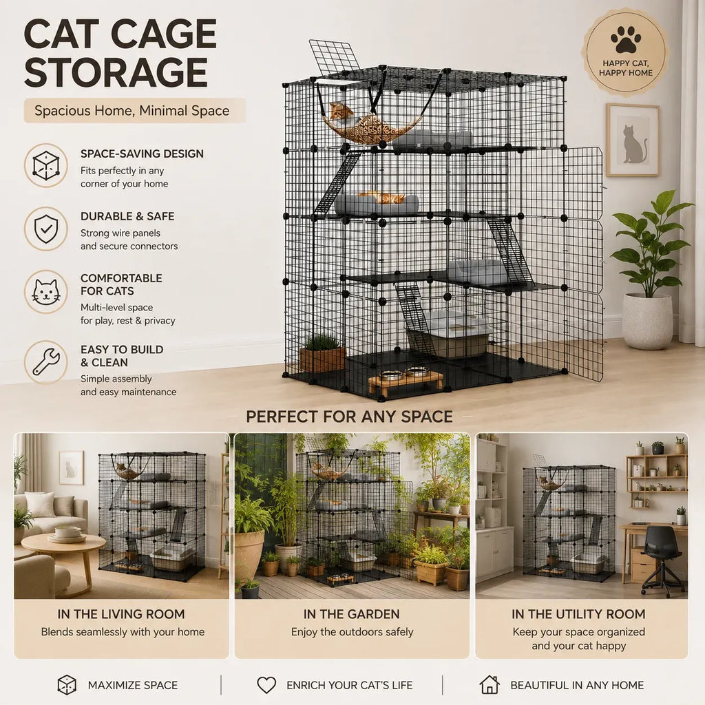 A promotional graphic for a black wire cat cage with multiple levels, shown on a beige background with text callouts and three lifestyle inset photos demonstrating use in a living room, garden, and utility room.