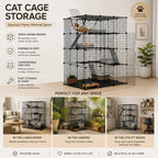 A promotional graphic for a black wire cat cage with multiple levels, shown on a beige background with text callouts and three lifestyle inset photos demonstrating use in a living room, garden, and utility room.