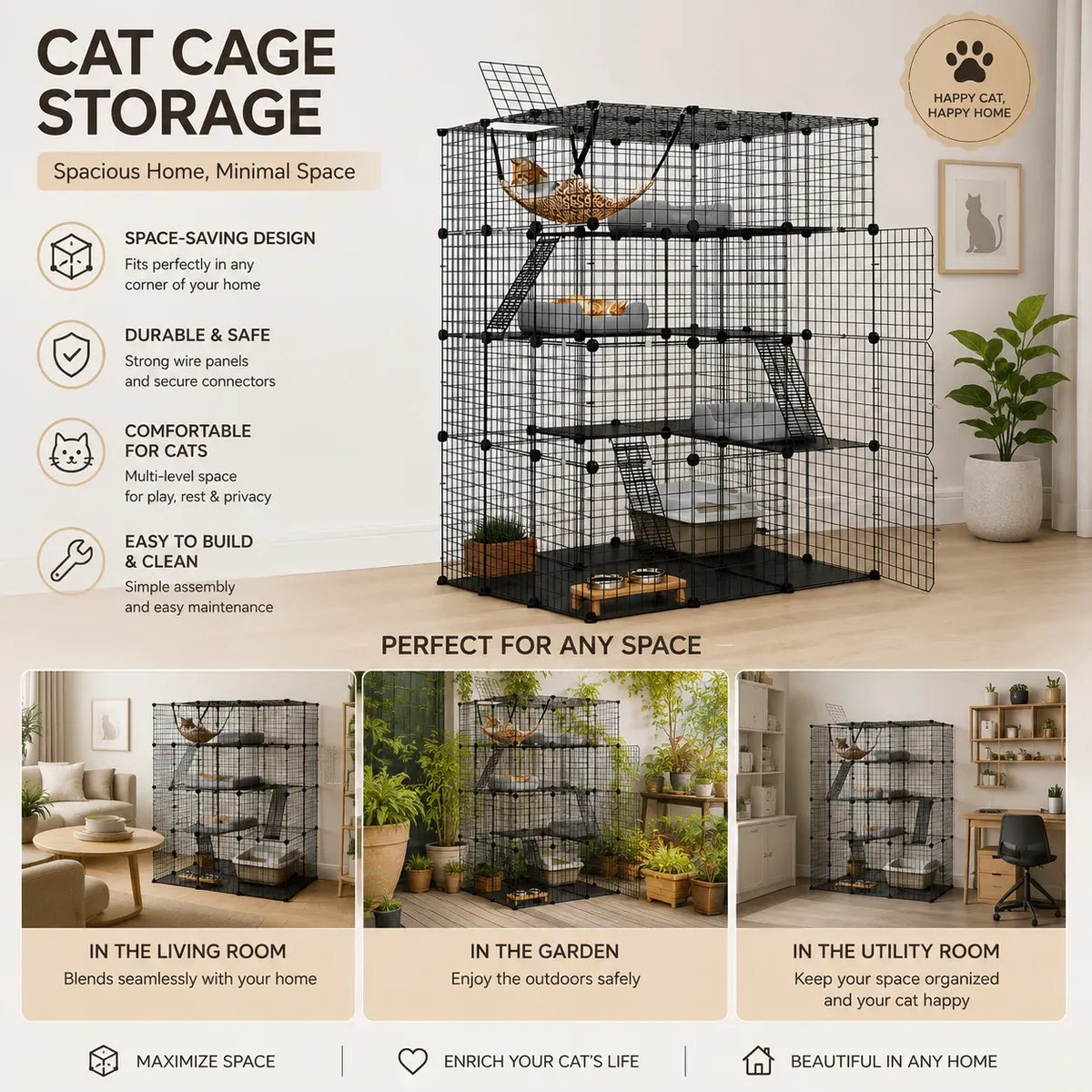 A promotional graphic for a black wire cat cage with multiple levels, shown on a beige background with text callouts and three lifestyle inset photos demonstrating use in a living room, garden, and utility room.