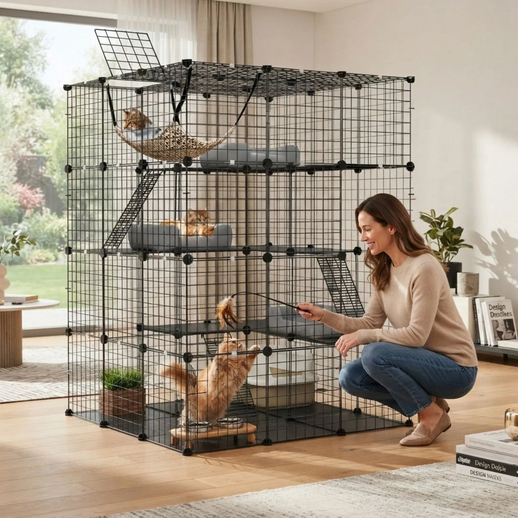 A woman crouches beside a large black multi-level cat playpen in a bright living room, with several cats inside the enclosure and a hammock, bed, and climbing elements visible.

Details