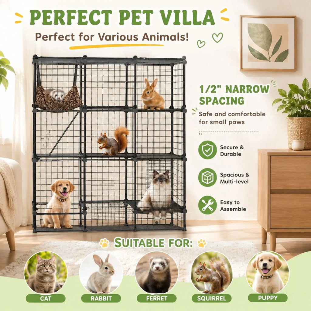 A black metal pet playpen cage with multiple levels and small enclosed compartments, shown in a styled room with several pets inside. Large text reads 'PERFECT PET VILLA' and includes feature callouts like '1/2" NARROW SPACING,' 'Safe and comfortable for small paws,' and 'Suitable for:' with circular pet photos at the bottom.