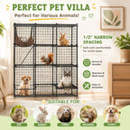 A black metal pet playpen cage with multiple levels and small enclosed compartments, shown in a styled room with several pets inside. Large text reads 'PERFECT PET VILLA' and includes feature callouts like '1/2" NARROW SPACING,' 'Safe and comfortable for small paws,' and 'Suitable for:' with circular pet photos at the bottom.