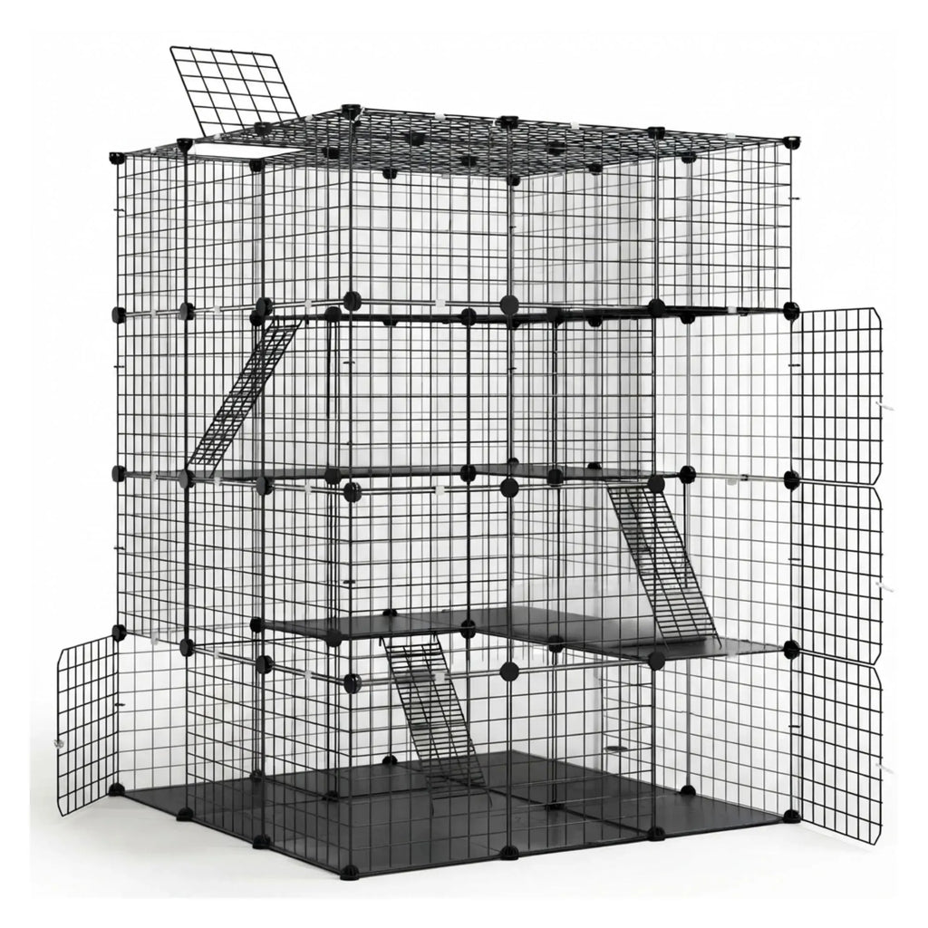 A large black wire grid multi-level pet playpen or cage system constructed from square panels and connected with round black joints, shown on a plain white studio backgroun