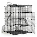 A large black wire grid multi-level pet playpen or cage system constructed from square panels and connected with round black joints, shown on a plain white studio backgroun
