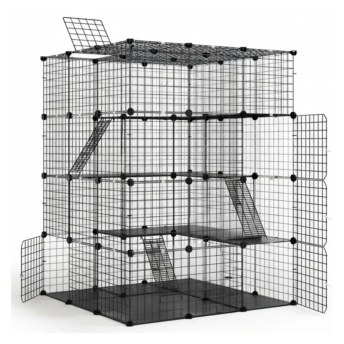 A large black wire grid multi-level pet playpen or cage system constructed from square panels and connected with round black joints, shown on a plain white studio backgroun