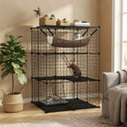 A black metal multi-level cat tree with a hammock, shelves, and climbing ladder, shown in a styled living room with two cats resting on it.