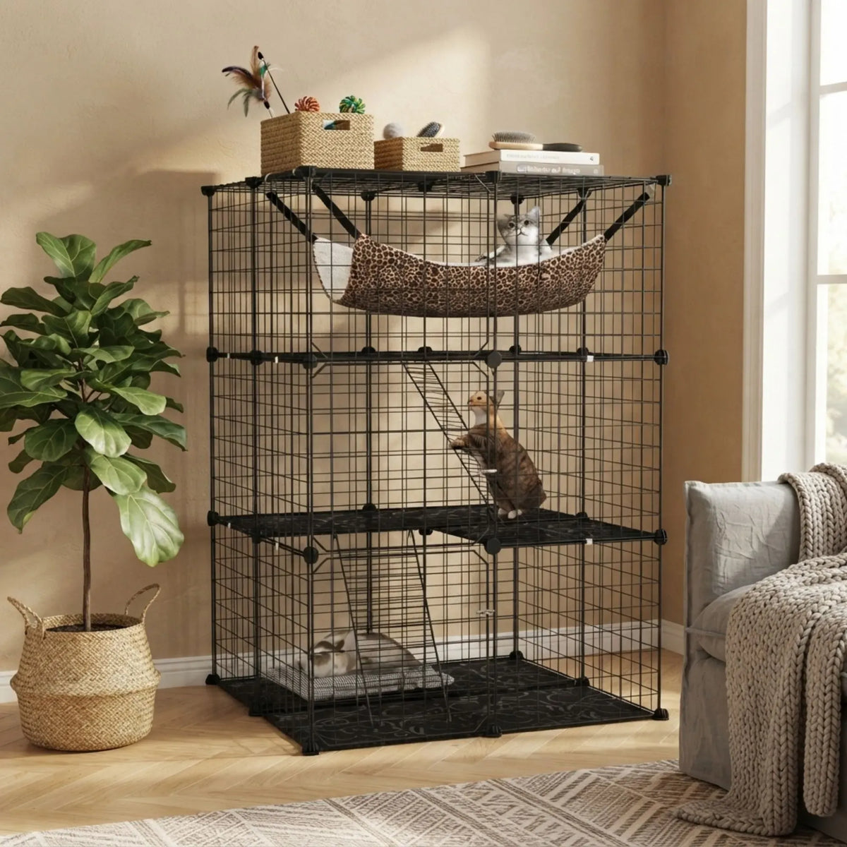 A black metal multi-level cat tree with a hammock, shelves, and climbing ladder, shown in a styled living room with two cats resting on it.