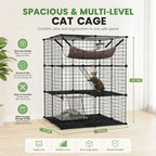 A three-level black wire cat cage with a leopard-print hammock, climbing ladder, and cat accessories, shown in a room setting with dimension lines and text highlighting its spacious multi-level design. The image includes feature icons on the left and a row of benefit icons at the bottom.