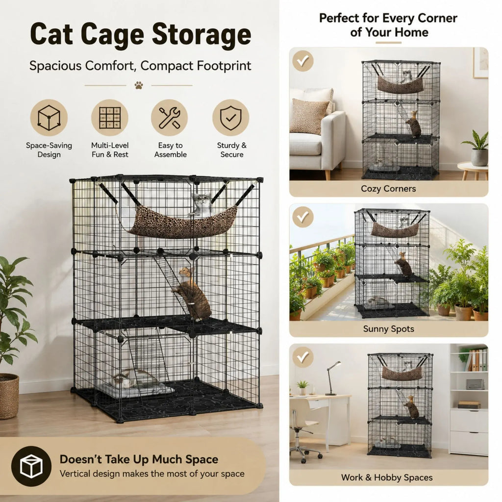 A multi-level black wire cat cage with hammocks and platforms, shown in a collage with text callouts about cat cage storage and examples in cozy corners, sunny spots, and work/hobby spaces.

Details