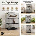 A multi-level black wire cat cage with hammocks and platforms, shown in a collage with text callouts about cat cage storage and examples in cozy corners, sunny spots, and work/hobby spaces.

Details