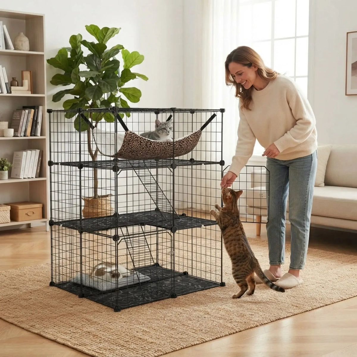 A woman in a cozy living room interacts with a large black wire cat tree with multiple levels, hammocks, and toys. Two cats are present: one resting in a leopard-print hammock on the top shelf and another standing on the floor to reach the woman's hand.