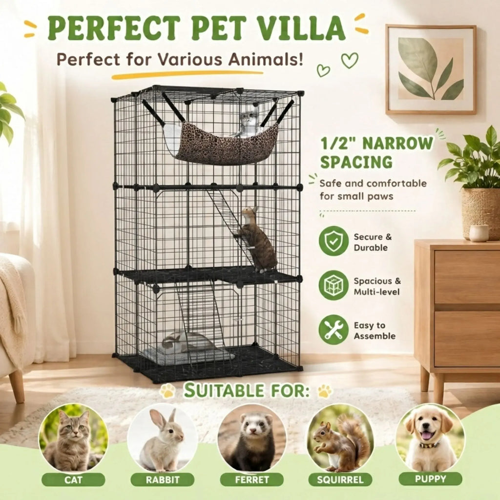 A black multi-level pet cage with a hammock and climbing ladder, shown in a styled room setting with text overlays describing its features and suitability for various pets.