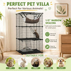 A black multi-level pet cage with a hammock and climbing ladder, shown in a styled room setting with text overlays describing its features and suitability for various pets.