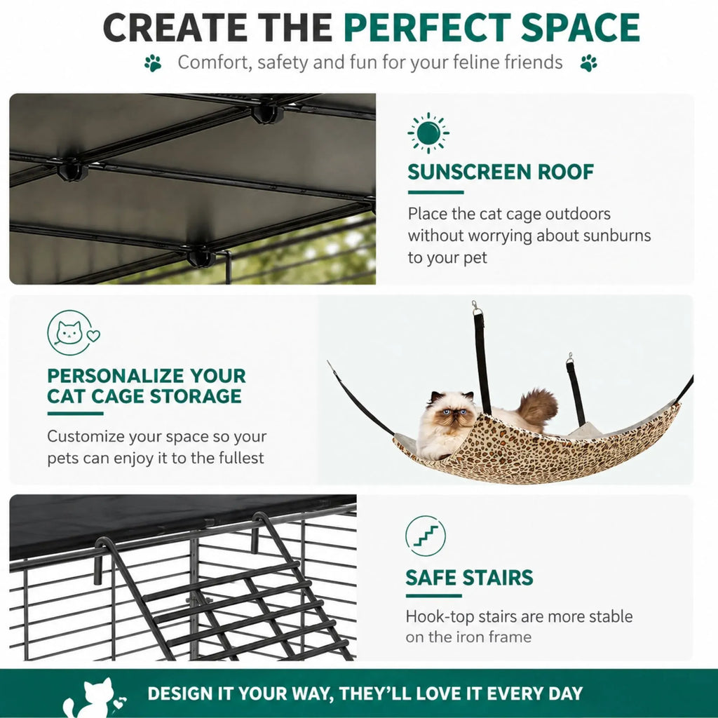 An infographic-style product explainer for a pet cat cage and hammock set, with text such as 'CREATE THE PERFECT SPACE' and feature callouts including 'Sunscreen Roof,' 'Personalize Your Cat Cage Storage,' and 'Safe Stairs.' The image shows product closeups and a cat lying in a leopard-print hammock.