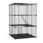 A black modular wire mesh pet cage with three tiers, featuring a ladder, two platforms, and a hanging hammock, shown on a plain white background.