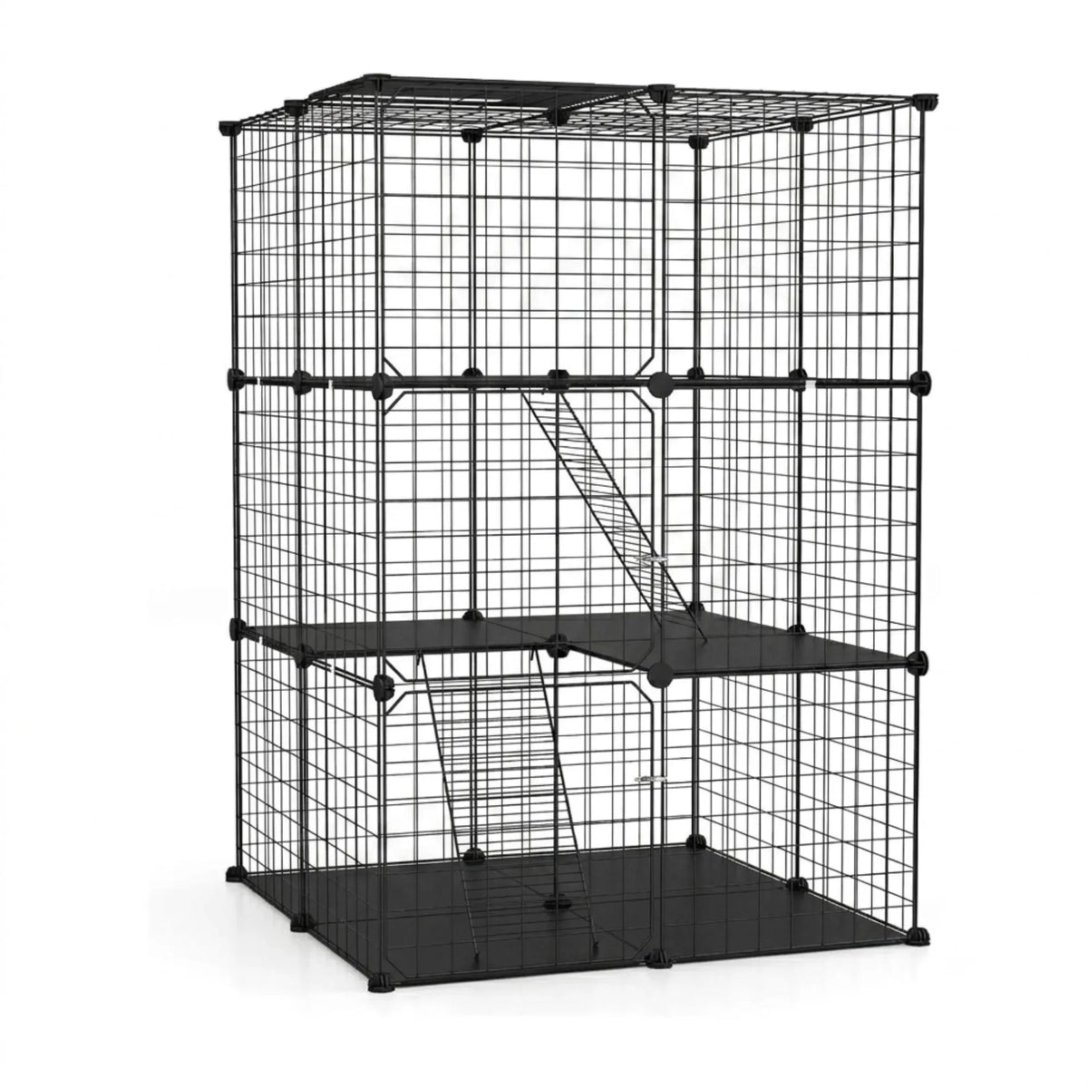 A black modular wire mesh pet cage with three tiers, featuring a ladder, two platforms, and a hanging hammock, shown on a plain white background.