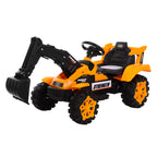 Orange and black toy excavator with a steering wheel on a white background