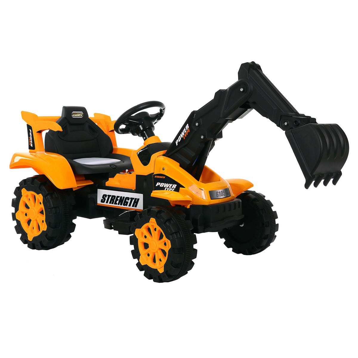 Orange toy construction vehicle with black excavator arm on a white background