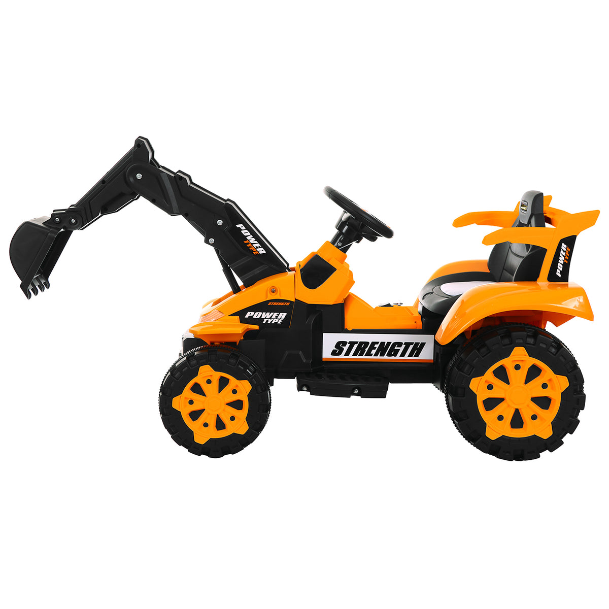Orange toy construction vehicle with black excavator arm on a white background

Details
