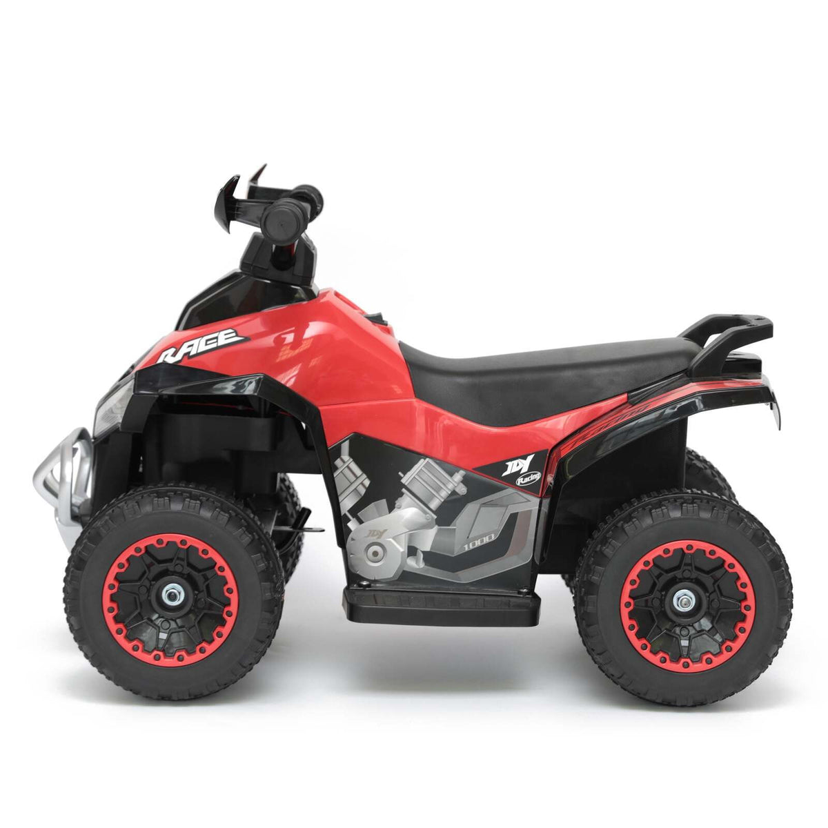 Red and black toy ATV on a white backgroun