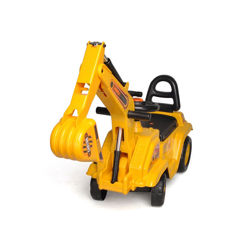 Yellow toy bulldozer with black wheels on a white background