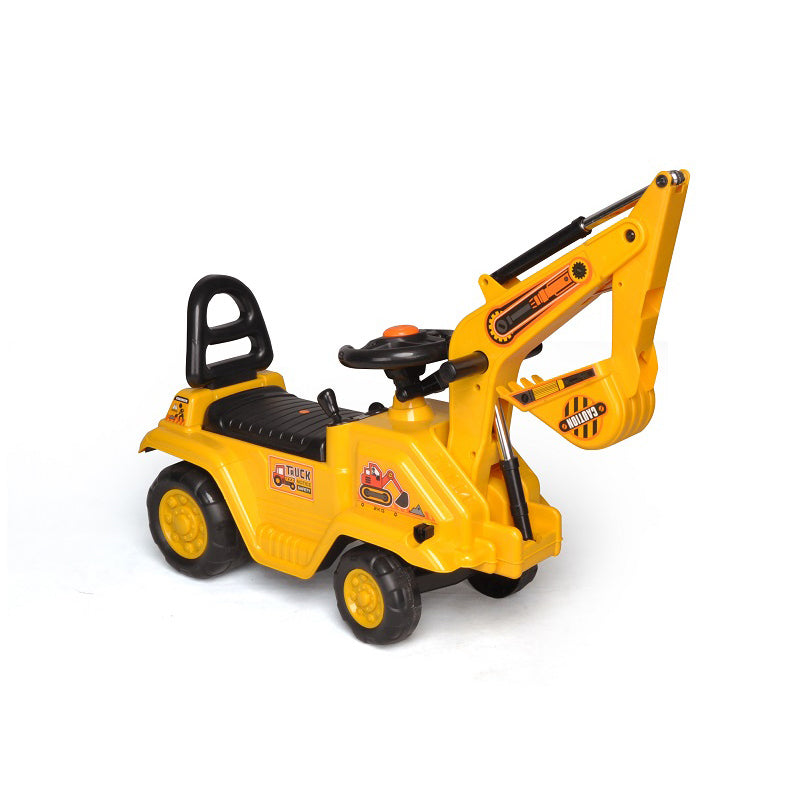 Yellow toy backhoe on a white background