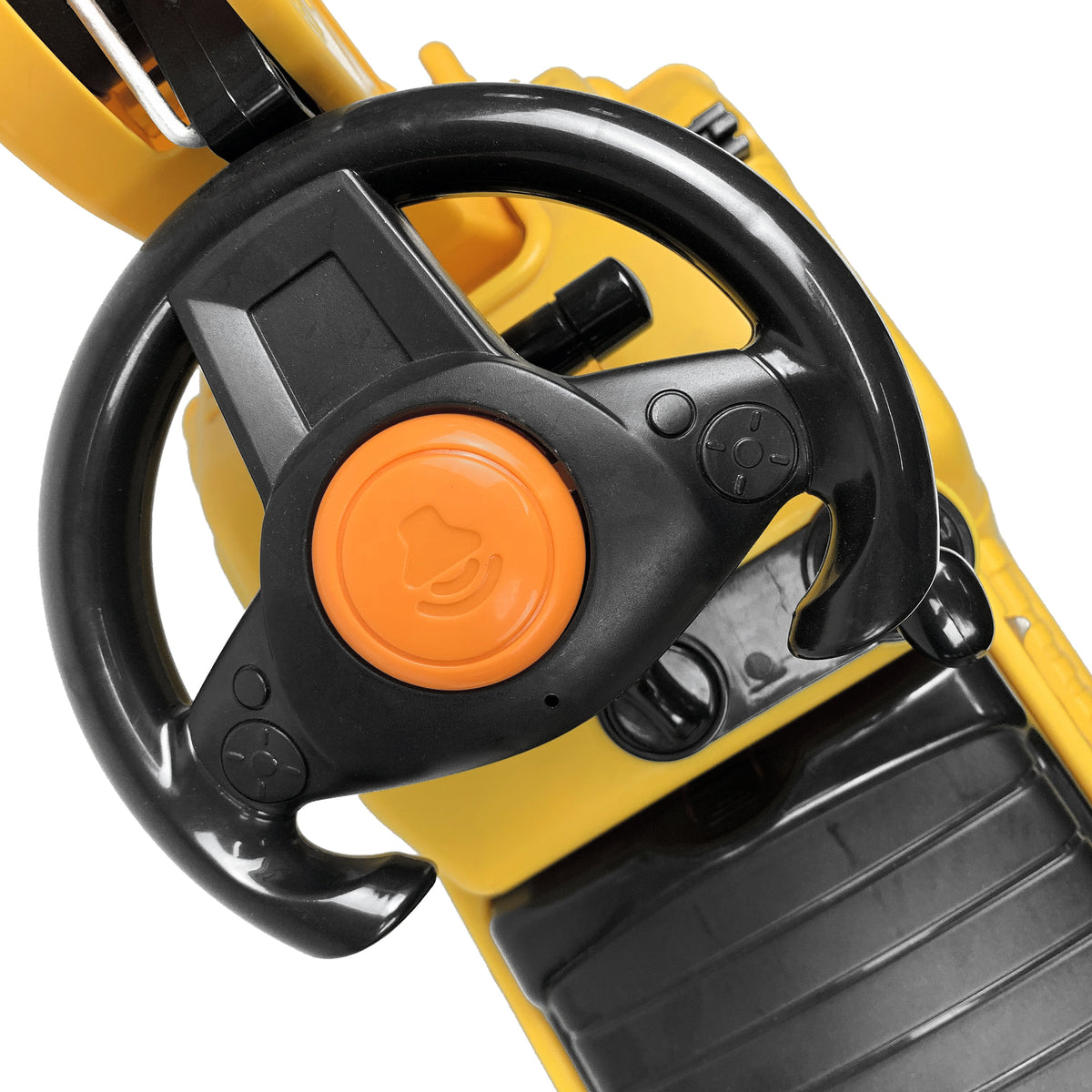 Toy steering wheel with orange center and black rim on a white background