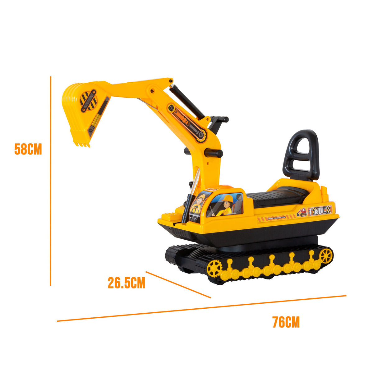 Yellow toy excavator with measurements on a white background