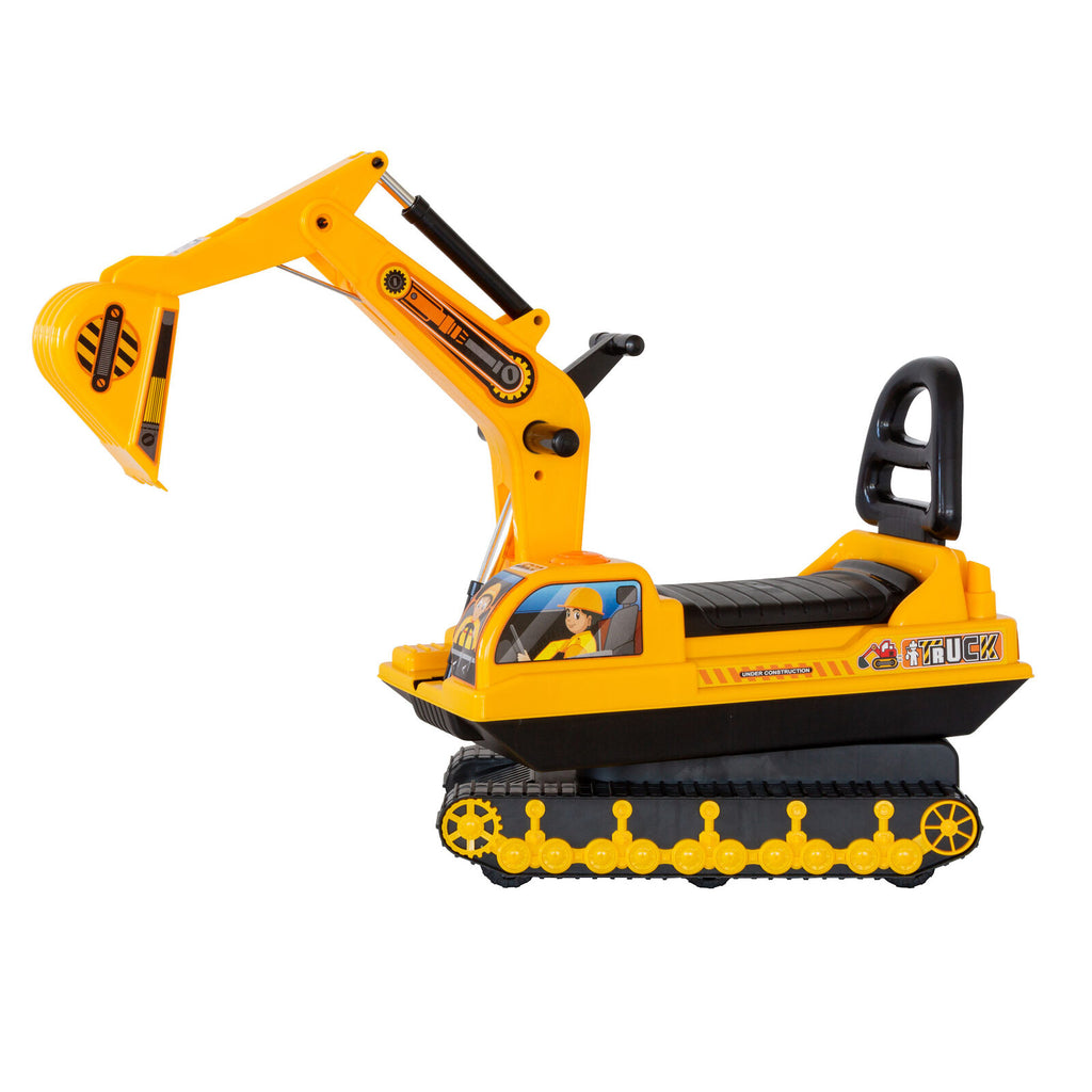toy excavator with a driver figure on a white background