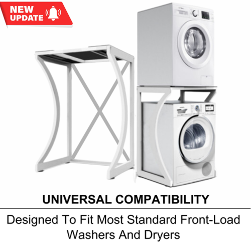 A white metal stacking frame designed to fit most standard front-load washers and dryers, shown alongside a stacked washer and dryer unit to demonstrate compatibility. The image includes a red 'NEW UPDATE' badge in the top-left corner and text at the bottom stating 'UNIVERSAL COMPATIBILITY' and 'Designed To Fit Most Standard Front-Load Washers And Drye