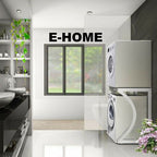 Modern laundry room with stacked washer and dryer, 'E-HOME' branding visible.