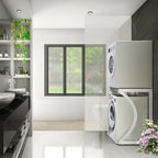 Modern laundry room with stacked washer and dryer units, window, and shelves.