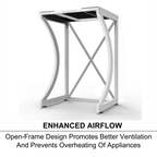 An open-frame metal appliance support bracket with a white frame and black top panel, shown on a white background with text below reading 'ENHANCED AIRFLOW' and 'Open-Frame Design Promotes Better Ventilation And Prevents Overheating Of Appliances.'.